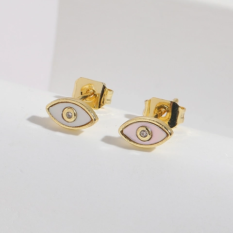 Pendientes de Botón de Ojo Turco de Cobre Chapado en Oro de 14K Con Concha y Circón Con Poste de Plata Para Mujer