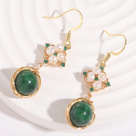 Vintage 14K Gold Plated Copper Earrings With Freshwater Pearl And Agate Geometric Hand Woven Drop Earrings For Women Jewelry