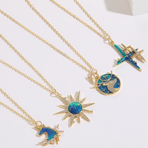 Collana Con Ciondolo in Zirconia Rame Placcato Oro Smalto Stella Sole Cervo Unicorno Cielo Stellato Girocollo Donna Gioielli
