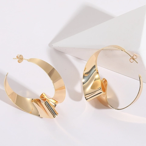 Orecchini a Cerchio in Rame Intrecciati Irregolari Esagerati Donna Placcati Oro 14K Perno in Argento