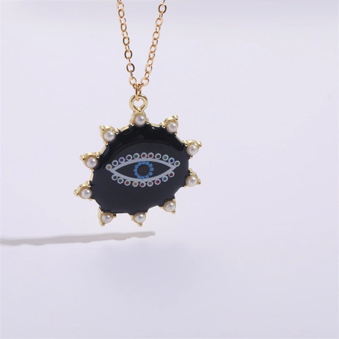 Βίντατζ Χάλκινο Επιχρυσωμένο Κολιέ 14K Gold Μάτι για Γυναίκες Καρδιά Σμάλτο Στάγδην Λάδι Τεχνητό Μαργαριτάρι Κοσμήματα