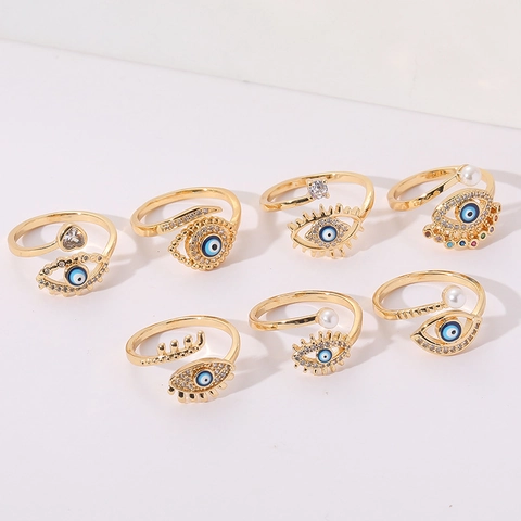 Boho Boze Oog Open Ring Voor Vrouwen Koper Zirkonia Kunstparel Verstelbare Vingerring Mode Sieraden Cadeau