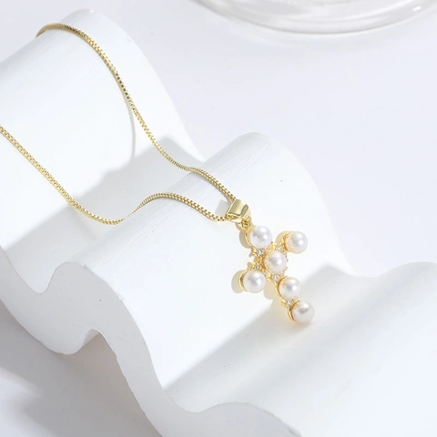 Vintage 14K Verguld Koperen Kruis Hanger Halsketting Met Kunstparel En Strass Voor Vrouwen Elegante Mode Sieraden