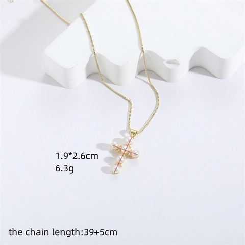 Vintage 14K Verguld Koperen Kruis Hanger Halsketting Met Kunstparel En Strass Voor Vrouwen Elegante Mode Sieraden