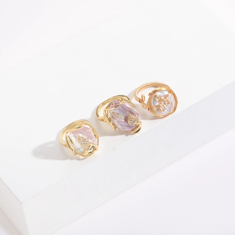 Handgemacht Süßwasserperle Drahtumwickelt Ring 14K Gold Gefüllt Barock Blatt Strass Akzent Fingerring Damen Schmuck