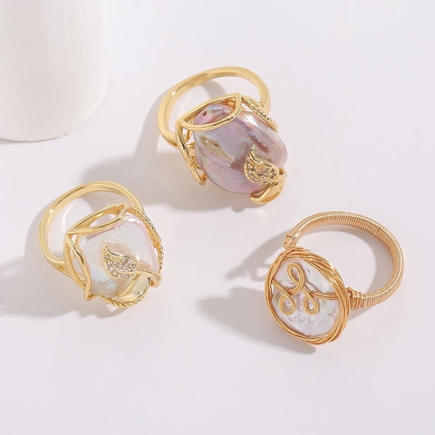 Handgemacht Süßwasserperle Drahtumwickelt Ring 14K Gold Gefüllt Barock Blatt Strass Akzent Fingerring Damen Schmuck