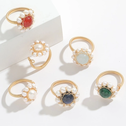 Handmade Natural Stone Freshwater Pearl Ring 14K Gold Filled Wire Wrapped Bohemian Flower Adjustable Ring For Women Jewelry