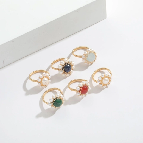 Handmade Natural Stone Freshwater Pearl Ring 14K Gold Filled Wire Wrapped Bohemian Flower Adjustable Ring For Women Jewelry