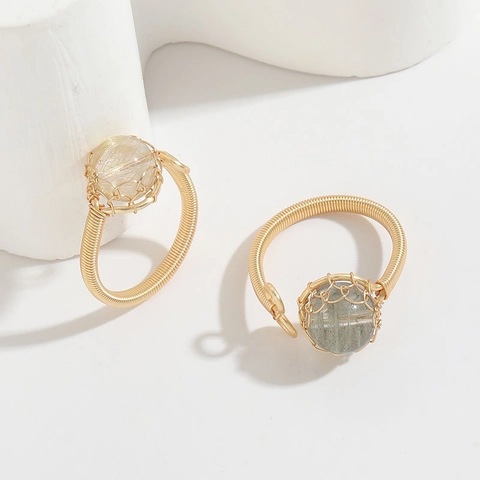 Handmade 14K Gold Plated Copper Wire Wrapped Natural Stone Ring Vintage Green Phantom Rutilated Quartz Ring For Women