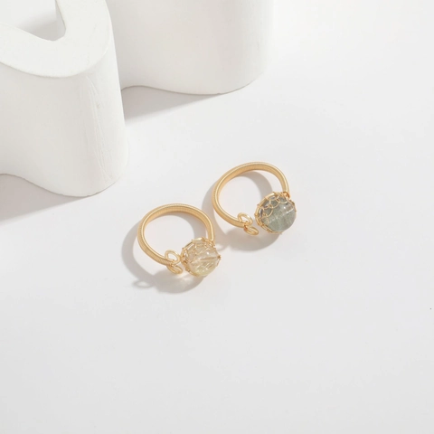 Handmade 14K Gold Plated Copper Wire Wrapped Natural Stone Ring Vintage Green Phantom Rutilated Quartz Ring For Women