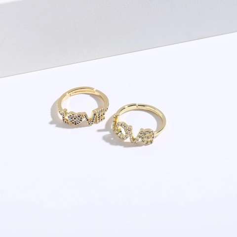 Bague Ajustable Coeur Lettre LOVE en Cuivre Plaqué Or 14K Incrustée de Zircone Colorée Blanche Bijoux de Mode Romantique Femme