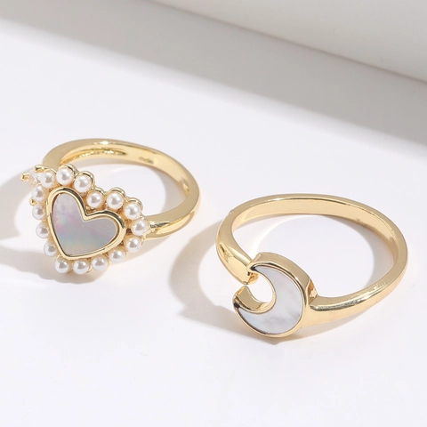 Anillos de Cobre Bañados en Oro de 14K Vintage Francés para Mujer Minimalista Corazón Luna Nácar Incrustado Joyería