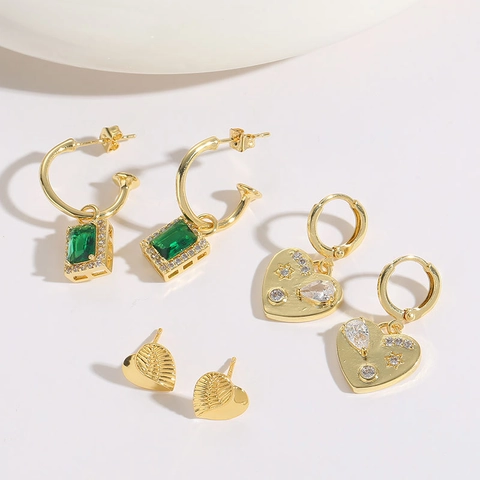Vintage Copper Zirconia Heart Emerald Earrings For Women 14K Gold Plated Luxury Geometric Dangle Stud Earrings Jewelry Gift
