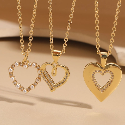 Elegante Collana Con Ciondolo a Cuore in Rame Placcato Oro 14K Per Donna Con Zirconia E Perla Artificiale Gioielli Di Moda Romantici Regalo
