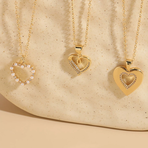 Elegante Collana Con Ciondolo a Cuore in Rame Placcato Oro 14K Per Donna Con Zirconia E Perla Artificiale Gioielli Di Moda Romantici Regalo
