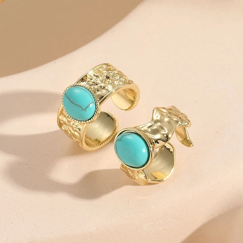 Boho Türkis Kupfer Vergoldet Verstellbarer Offener Ring Vintage Gehämmerte Textur Wasserwellen Design Damenschmuck