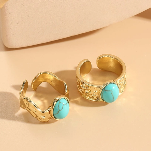 Boho Türkis Kupfer Vergoldet Verstellbarer Offener Ring Vintage Gehämmerte Textur Wasserwellen Design Damenschmuck