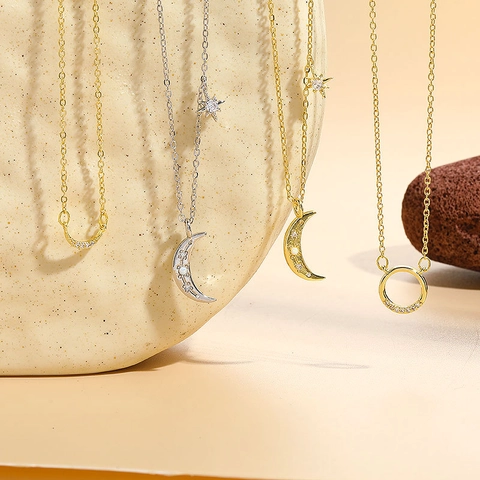 Collar Con Colgante de Estrella y Luna de Cobre y Circonia Para Mujer Elegante Cadena de Clavícula de Ópalo Artificial Joyería Regalo
