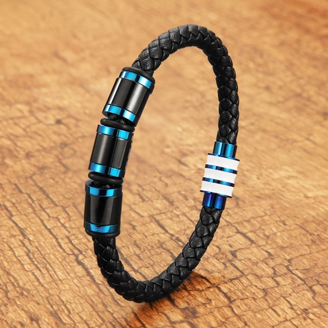 Men Braided Leather Bracelet With Stainless Steel Magnetic Clasp Blue Black White Stripe Charm Fashion Wristband Jewelry