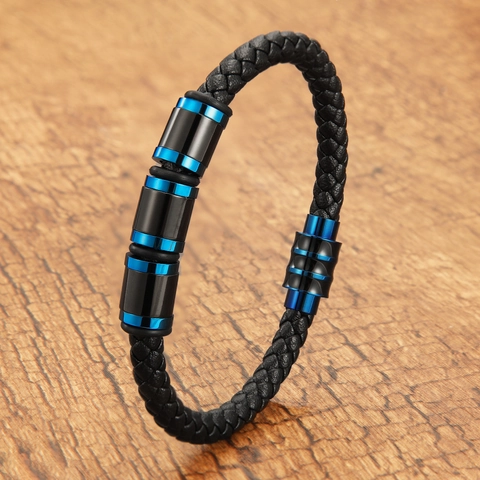 Men Braided Leather Bracelet With Stainless Steel Magnetic Clasp Blue Black White Stripe Charm Fashion Wristband Jewelry