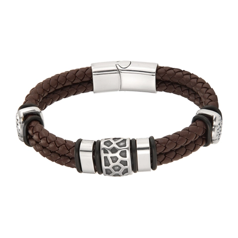 Men Braided Cowhide Leather Bracelet With Stainless Steel Magnetic Clasp Geometric Pattern Retro Wrist Jewelry For Men Women