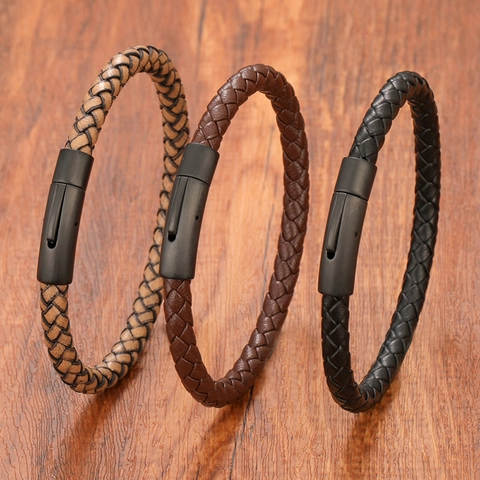 Men's Braided Leather Bracelet With Magnetic Metal Clasp Vintage Punk Style Wristband For Men Jewelry Gift