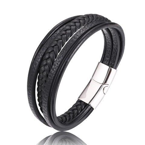 Men Fashion Multi-layer Braided Leather Bracelet With Stainless Steel Magnetic Clasp Retro Bangle Jewelry Accessory