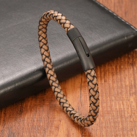 Men's Braided Leather Bracelet With Magnetic Metal Clasp Vintage Punk Style Wristband For Men Jewelry Gift