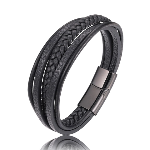 Men Fashion Multi-layer Braided Leather Bracelet With Stainless Steel Magnetic Clasp Retro Bangle Jewelry Accessory