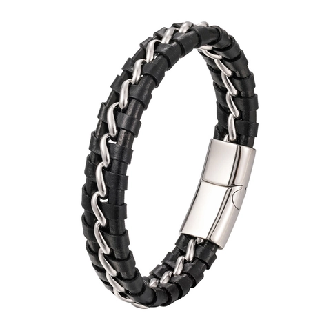 Mens Braided Leather Bracelet With Stainless Steel Chain Punk Fashion Jewelry Magnetic Buckle Wristband Gift For Him