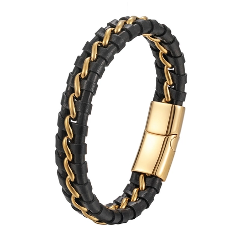 Mens Braided Leather Bracelet With Stainless Steel Chain Punk Fashion Jewelry Magnetic Buckle Wristband Gift For Him