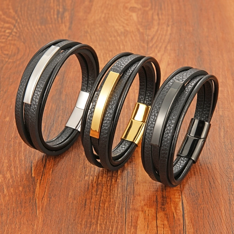 Men Minimalist Stainless Steel Multi Layer Braided Leather Bracelet With Magnetic Clasp Vintage Geometric Hand Jewelry For Men