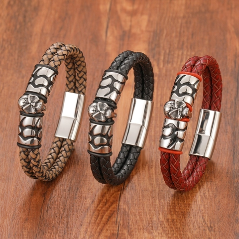 Men's Vintage Multi-Layer Woven Leather Bracelet Stainless Steel Skull Magnetic Clasp Retro Punk Jewelry For Men