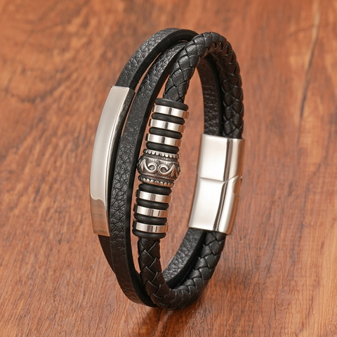 Bracciale Multistrato in Pelle Intrecciata Vintage da Uomo Chiusura Magnetica in Acciaio Inossidabile Gioielli da Polso Retro