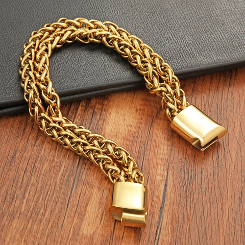 Punk Hip Hop Herren Titanstahl Zweireihiges Geflochtenes Weizenketten Armband Geometrischer Edelstahl Schmuck Poliert