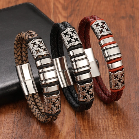 Men Vintage Braided Genuine Leather Bracelet Stainless Steel Cross Magnetic Buckle Punk Hand Jewelry For Boyfriend Gift
