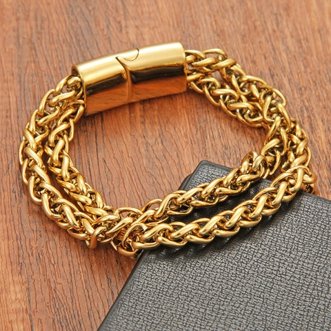 Punk Hip Hop Herren Titanstahl Zweireihiges Geflochtenes Weizenketten Armband Geometrischer Edelstahl Schmuck Poliert