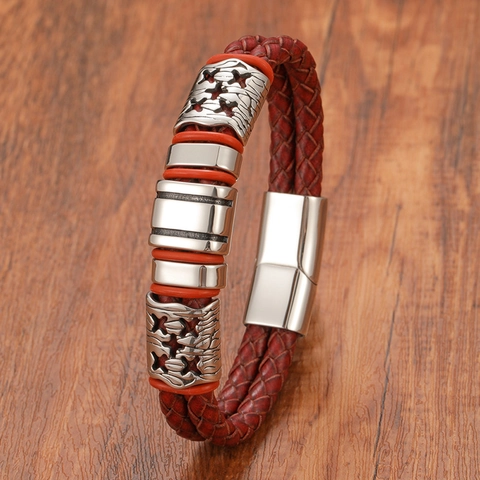 Men Vintage Braided Genuine Leather Bracelet Stainless Steel Cross Magnetic Buckle Punk Hand Jewelry For Boyfriend Gift