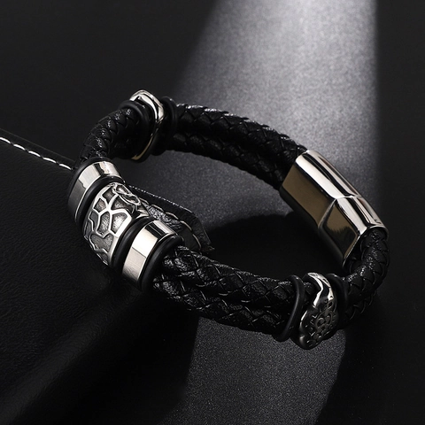Men Vintage Double Layer Woven Leather Bracelet With Titanium Steel Magnetic Clasp Braided Retro Casual Wristband Jewelry