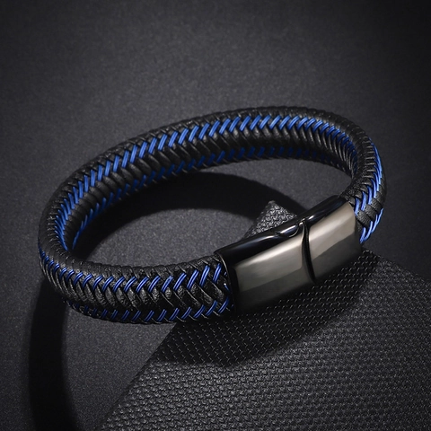 Minimalist Braided Leather Bracelet For Men Stainless Steel Magnetic Clasp Black Blue Red Hand-Woven Industrial Fashion Jewelry