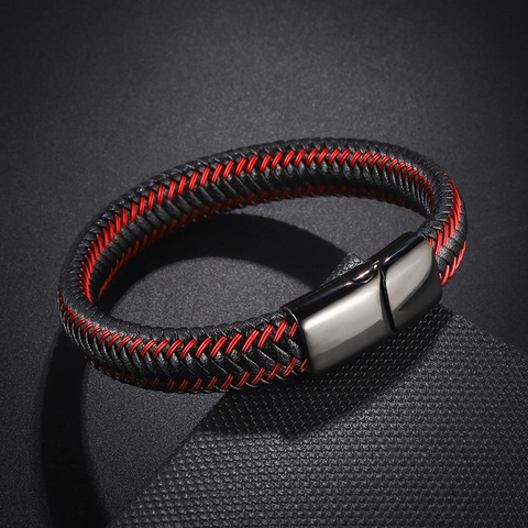 Minimalist Braided Leather Bracelet For Men Stainless Steel Magnetic Clasp Black Blue Red Hand-Woven Industrial Fashion Jewelry