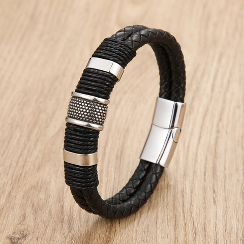 Men's Double Layered Braided Leather Bracelet With Stainless Steel Magnetic Clasp Punk Fashion Handcrafted Wristband Jewelry Gift