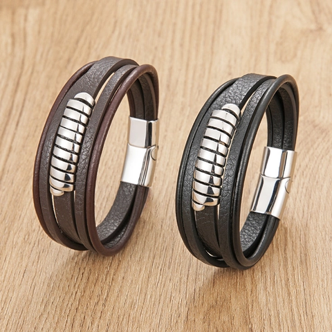 Herren Vintage Mehrlagiges Geflochtenes Lederarmband Mit 316L Edelstahl Magnetverschluss S Förmiger Schmuck Für Den Alltag