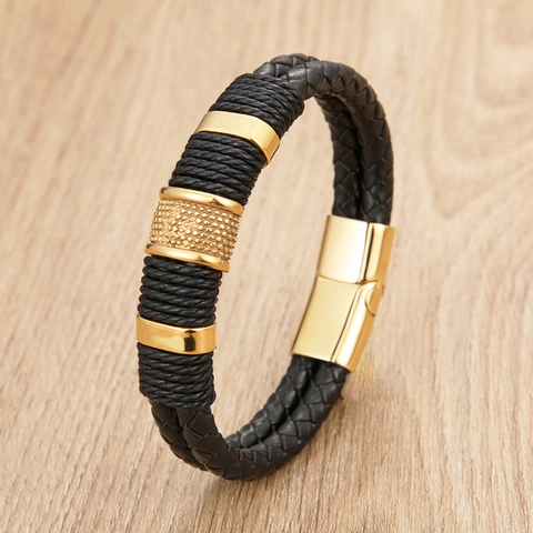 Men's Double Layered Braided Leather Bracelet With Stainless Steel Magnetic Clasp Punk Fashion Handcrafted Wristband Jewelry Gift