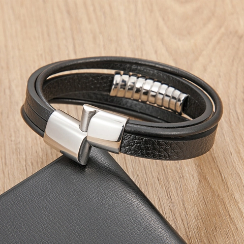 Herren Vintage Mehrlagiges Geflochtenes Lederarmband Mit 316L Edelstahl Magnetverschluss S Förmiger Schmuck Für Den Alltag