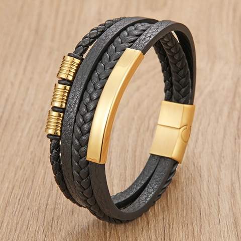 Men Vintage Multi-layer Braided Leather Bracelet With Stainless Steel Magnetic Clasp Casual Wristband Jewelry For Male
