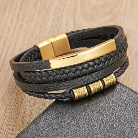 Men Vintage Multi-layer Braided Leather Bracelet With Stainless Steel Magnetic Clasp Casual Wristband Jewelry For Male