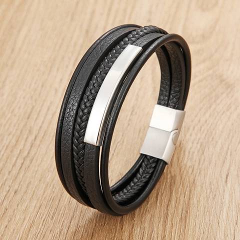 Men's Multilayer Braided Microfiber Leather Bracelet With Stainless Steel Magnetic Clasp Geometric Metal Plate Retro Jewelry