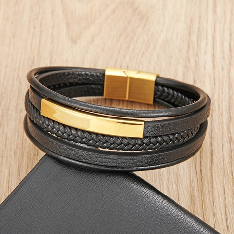 Men's Multilayer Braided Microfiber Leather Bracelet With Stainless Steel Magnetic Clasp Geometric Metal Plate Retro Jewelry