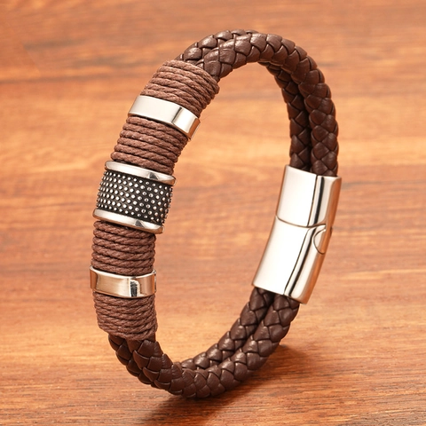 Handmade Double Layer Braided Leather Bracelet For Men Stainless Steel Magnetic Clasp Punk Geometric Wristband Jewelry Gift
